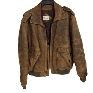 Vintage 1980s ADAM SPENCER Distressed Brown Leather Bomber Jacket Size ?? - LN